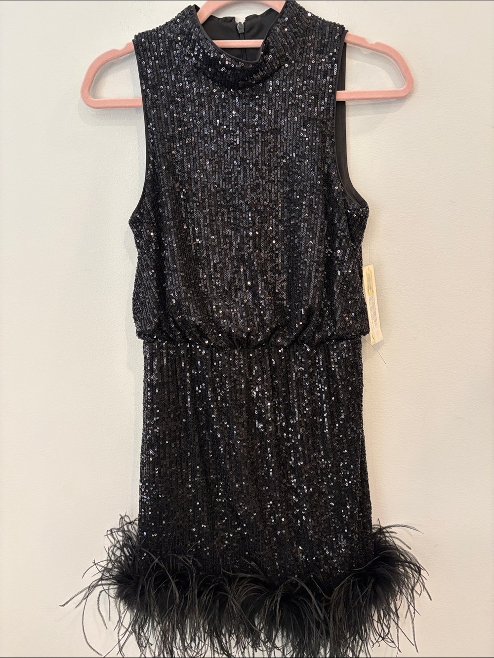 NEW Eliza J feather trim sequin black mini dress size 4 NWT